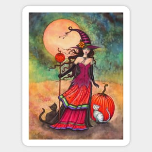 October Moon Witch and Cat Fantasy Art Illustration Sticker